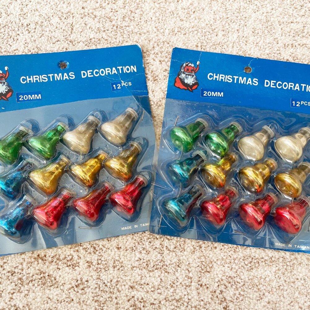 Vintage NIB Bells Feather Tree Small Glass Ornaments Set of 24 Tiny Deadstock